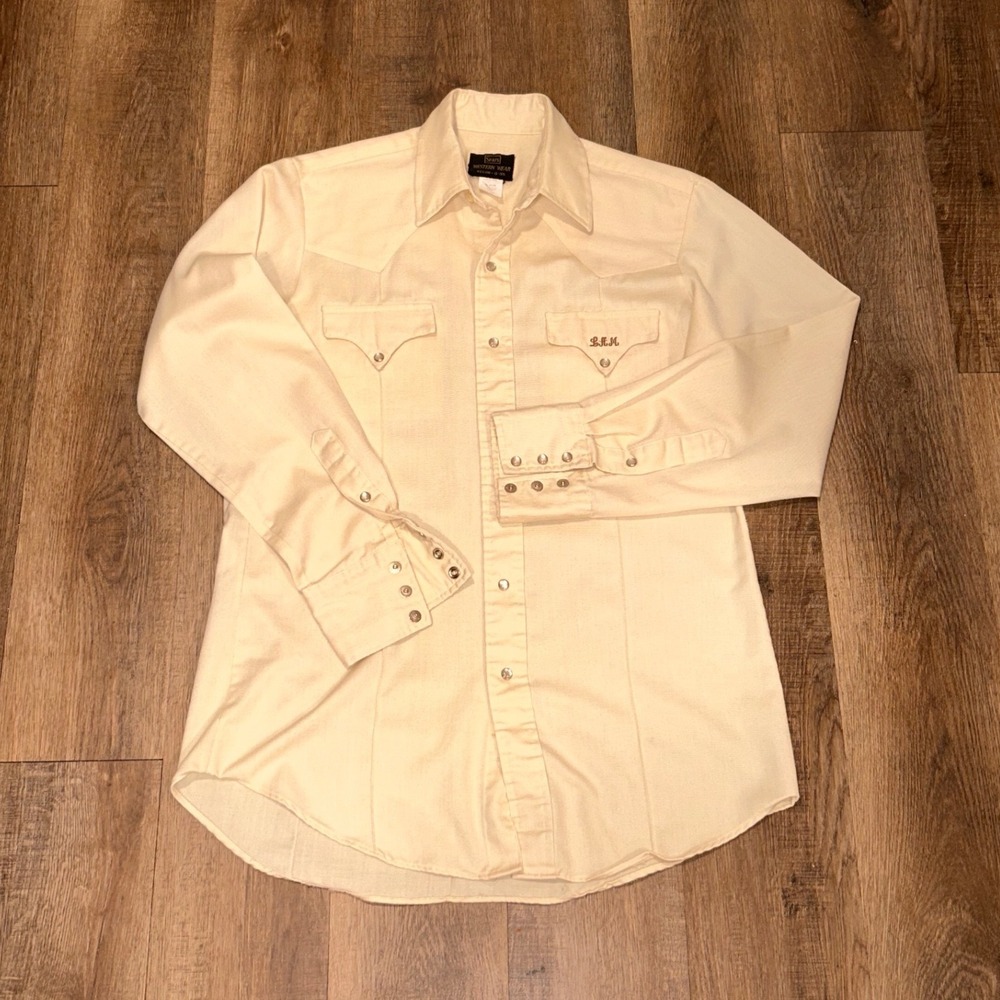 Vintage Sears Western Wear Pearl Snap Shirt Cream Twill Mens Medium 15-15.5